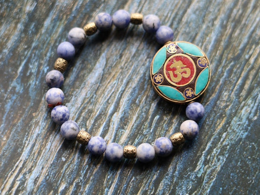 Irresistible Blue Spot Jasper bracelet with Handmade Nepalese Buddhist Tibetan Brass Metal & Clay Loose Craft Bead.