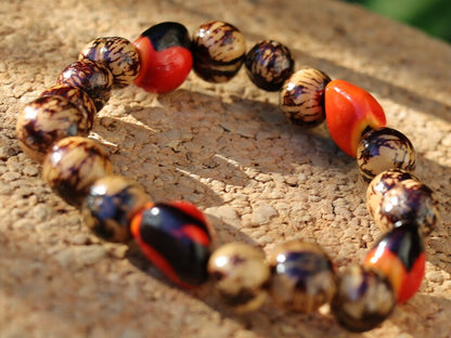 Unique Huayruro grande bracelet with Acai rajado beads. Beautiful seeds, but also because they are a good luck symbol.