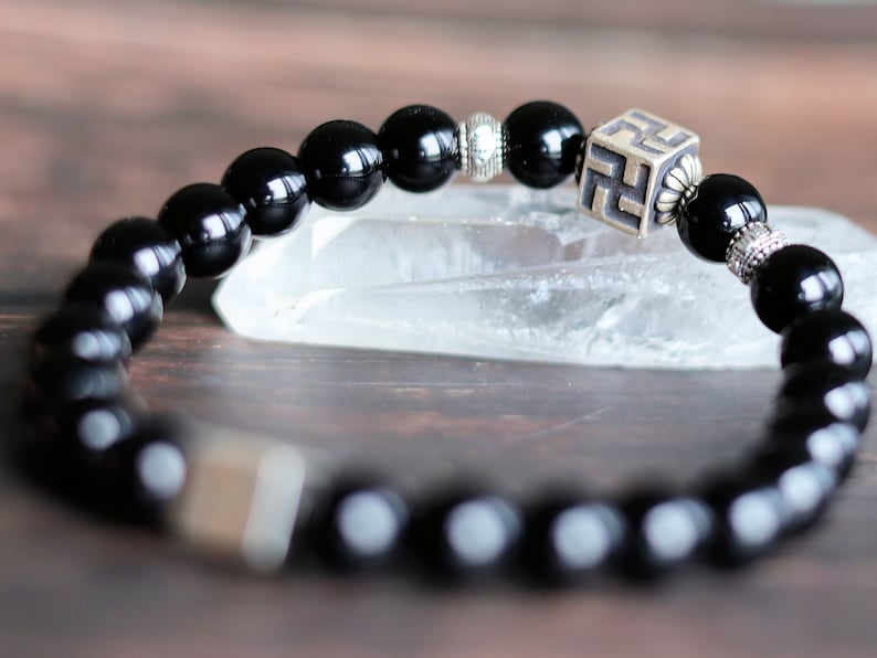 Unique Sterling 925 Silver - Rare Natural  Black Agate bracelet with Swastika 925 Silver bead. Harivamsha Puranaand