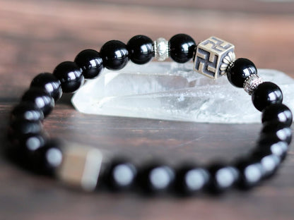 Unique Sterling 925 Silver - Rare Natural  Black Agate bracelet with Swastika 925 Silver bead. Harivamsha Puranaand