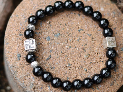Unique Sterling 925 Silver - Rare Natural  Black Agate bracelet with Swastika 925 Silver bead. Harivamsha Puranaand