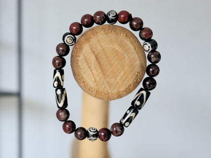 Bone gemstone jewelry. Red Brecciated Natural Jasper bracelet combined with Batik bone and special Tibetan Prayer beads: Ox Bone.
