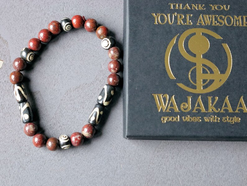 Bone gemstone jewelry. Red Brecciated Natural Jasper bracelet combined with Batik bone and special Tibetan Prayer beads: Ox Bone.