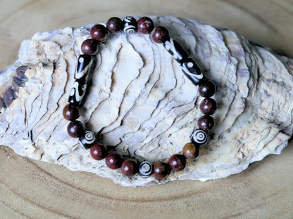 Bone gemstone jewelry. Red Brecciated Natural Jasper bracelet combined with Batik bone and special Tibetan Prayer beads: Ox Bone.