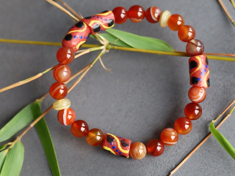 Trade beads jewelry. Natural Stone Striped Red Lace Agates Round Beads with beautiful handmade & hand-painted  powder Glass Kroboland