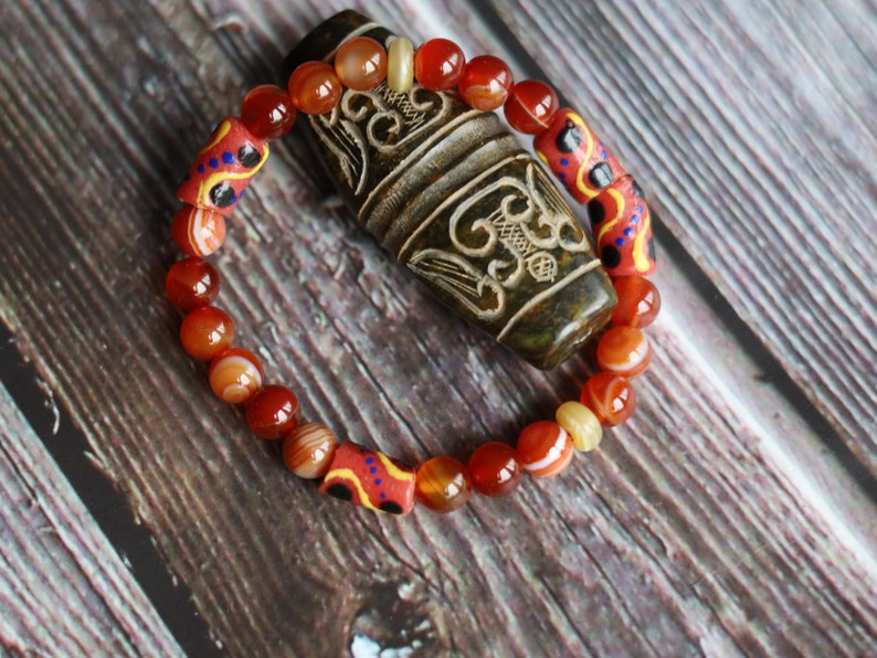 Trade beads jewelry. Natural Stone Striped Red Lace Agates Round Beads with beautiful handmade & hand-painted  powder Glass Kroboland