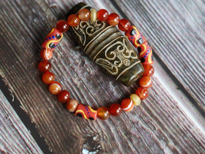 Trade beads jewelry. Natural Stone Striped Red Lace Agates Round Beads with beautiful handmade & hand-painted  powder Glass Kroboland