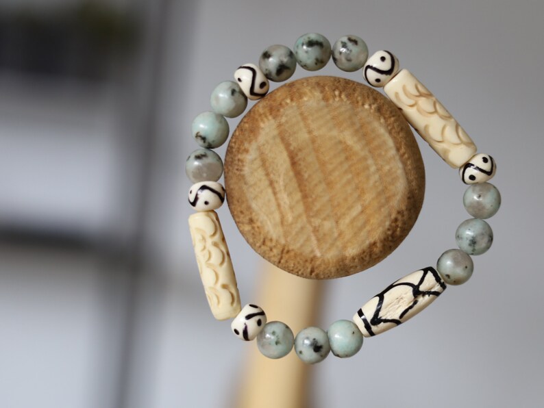 Sesame Jasper/Kiwi Jasper Beads bracelets with Bone gemstone jewelry. To prepare you in facing reality. Haḍīāṁ Jewel winter Collection