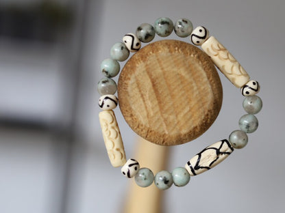 Sesame Jasper/Kiwi Jasper Beads bracelets with Bone gemstone jewelry. To prepare you in facing reality. Haḍīāṁ Jewel winter Collection