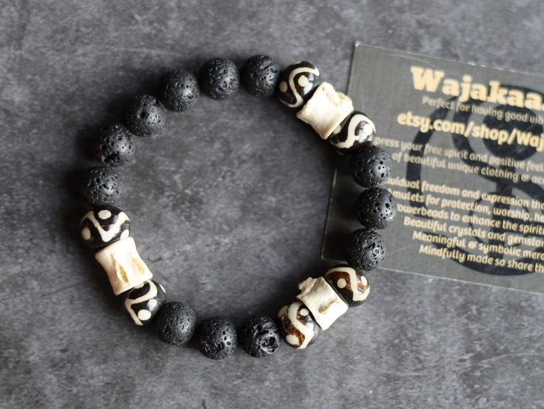 Cool 10 mm Lava bracelet combined with Bone gemstone jewelry. intricate, beautiful and natural. Haḍīāṁ Jewel winter Collection