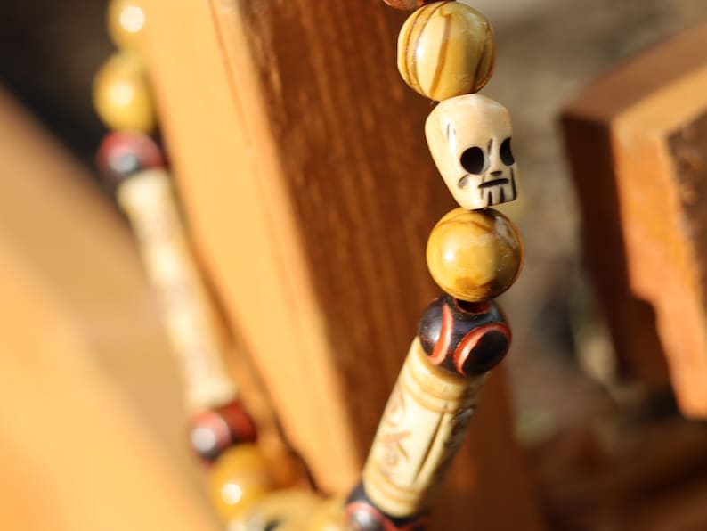 Wood Lace Agate Stone Beaded bracelet with tibetan SKULL beads.Bone Beads are intricate, beautiful and natural. Haḍīāṁ Jewel Collection