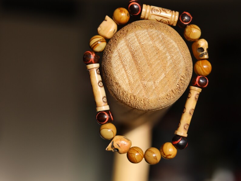 Wood Lace Agate Stone Beaded bracelet with tibetan SKULL beads.Bone Beads are intricate, beautiful and natural. Haḍīāṁ Jewel Collection