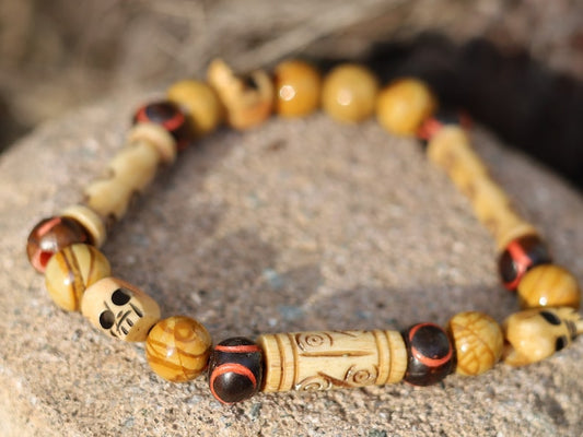Wood Lace Agate Stone Beaded bracelet with tibetan SKULL beads.Bone Beads are intricate, beautiful and natural. Haḍīāṁ Jewel Collection