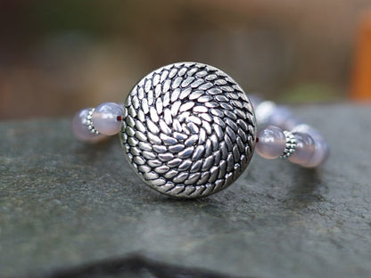 Quality AAA Gray Agates Natural Stone bracelet with a Unique Silver color metal look coin and Tibetan Style dZi Bead.