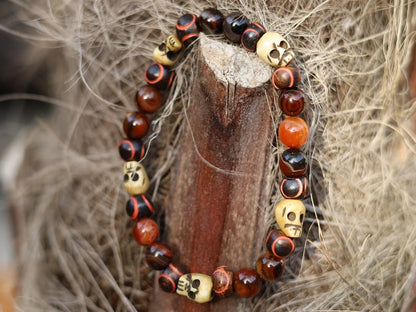 Striped Red Lace Agates Round Beads with beautiful handmade & hand-painted powder Glass from Kroboland. Bone gemstone jewelry.