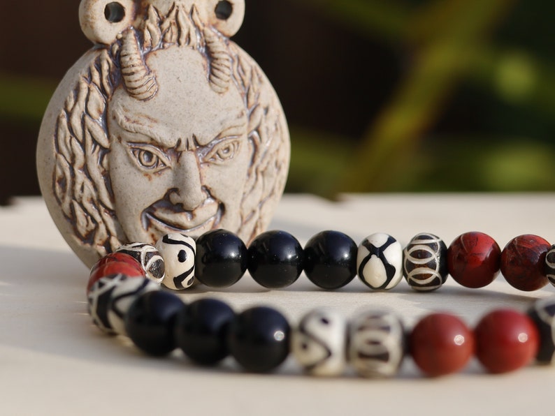 Natural Red Rainbow Jasper Beads with Natural Obsidian bracelet. Bone gemstone jewelry. Haḍīāṁ Jewel winter Collection