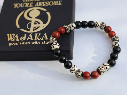 Natural Red Rainbow Jasper Beads with Natural Obsidian bracelet. Bone gemstone jewelry. Haḍīāṁ Jewel winter Collection