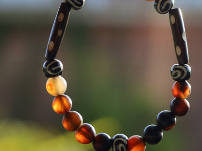 Matte Stripe Brown Agates Striped Lace Onyx Beadst with handmade Oxbone Tibetan prayerbeads. Haḍīāṁ Jewel winter Collection