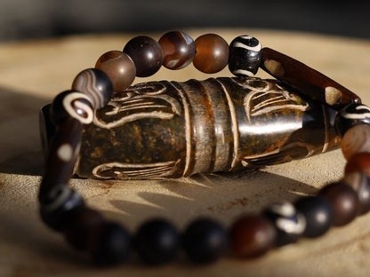 Matte Stripe Brown Agates Striped Lace Onyx Beadst with handmade Oxbone Tibetan prayerbeads. Haḍīāṁ Jewel winter Collection
