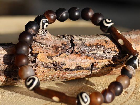 Matte Stripe Brown Agates Striped Lace Onyx Beadst with handmade Oxbone Tibetan prayerbeads. Haḍīāṁ Jewel winter Collection