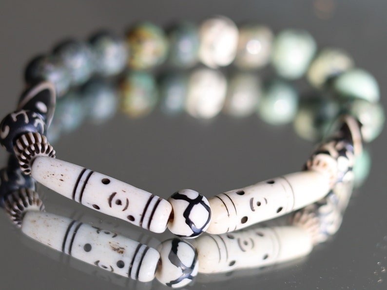 African Turquoise(Jasper) Beads bracelet with handmade Oxbone Tibetan prayerbeads. Haḍīāṁ Jewel winter Collection