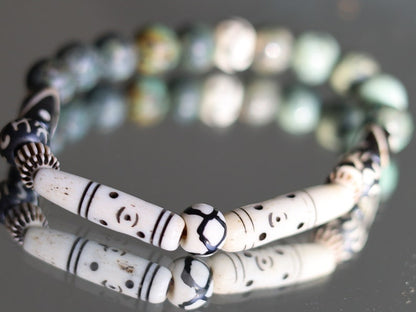 African Turquoise(Jasper) Beads bracelet with handmade Oxbone Tibetan prayerbeads. Haḍīāṁ Jewel winter Collection