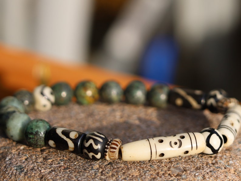 African Turquoise(Jasper) Beads bracelet with handmade Oxbone Tibetan prayerbeads. Haḍīāṁ Jewel winter Collection