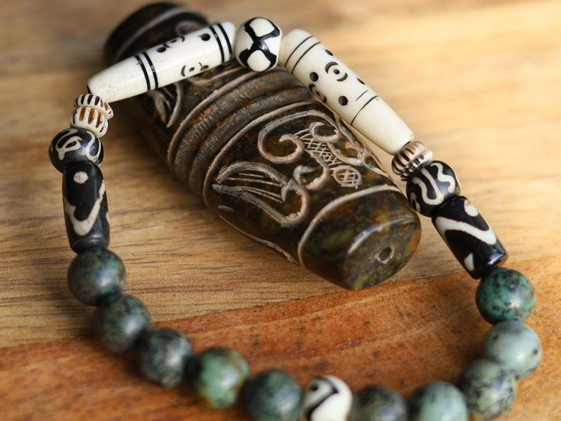 African Turquoise(Jasper) Beads bracelet with handmade Oxbone Tibetan prayerbeads. Haḍīāṁ Jewel winter Collection