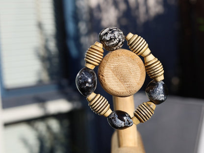 Big beautiful Horn gemstone bracelet jewelry with Lumbang seed black/white marble and Horn bead ribbed beads. Haḍīāṁ  Collection