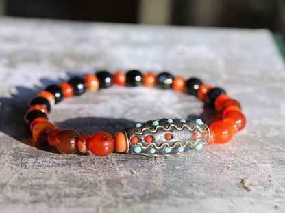 Stone Banded Black Lace Agate Round Beads bracelet with Kashmiri beads are also known as Bollywood beads.
