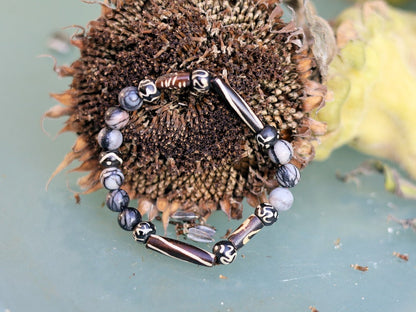 Black Silk Stone/Netstone Beads  bracelet with handmade Oxbone Tibetan prayerbeads. Haḍīāṁ Jewel