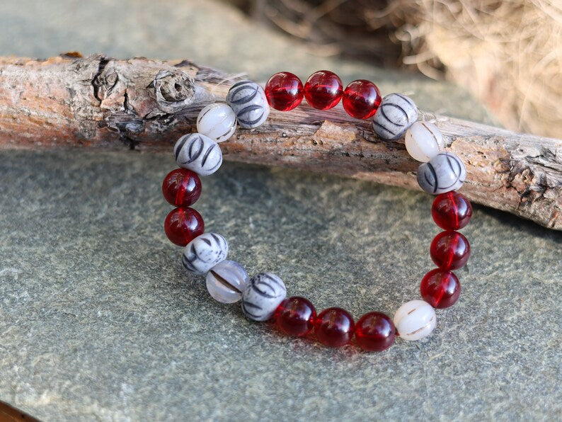 Unique Mexico red blood Amber beeswax beads Certified 10mm combined with Wavy Line Bone Beads: 12mm x 9mm grey & Black Rondelle Spacers.