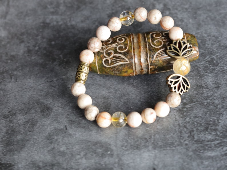 Natural Maifanite/Maifan Stone Beads bracelet, Round, 8mm. Combined with Rutilated Quartz and Metal beads lotus.