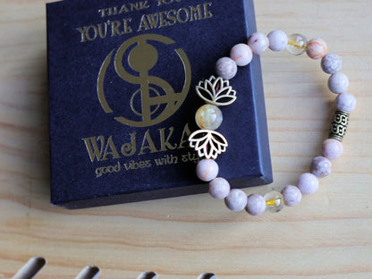Natural Maifanite/Maifan Stone Beads bracelet, Round, 8mm. Combined with Rutilated Quartz and Metal beads lotus.