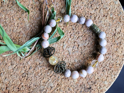 Natural Maifanite/Maifan Stone Beads bracelet, Round, 8mm. Combined with Rutilated Quartz and Metal beads lotus.