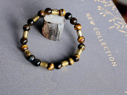 Mixed colored Tiger Eyes Beaded Bracelet . Multi Colors Mixed Natural Tiger eye Bracelets.  Antique Bronze Tone Spacer Beads Round Tubes