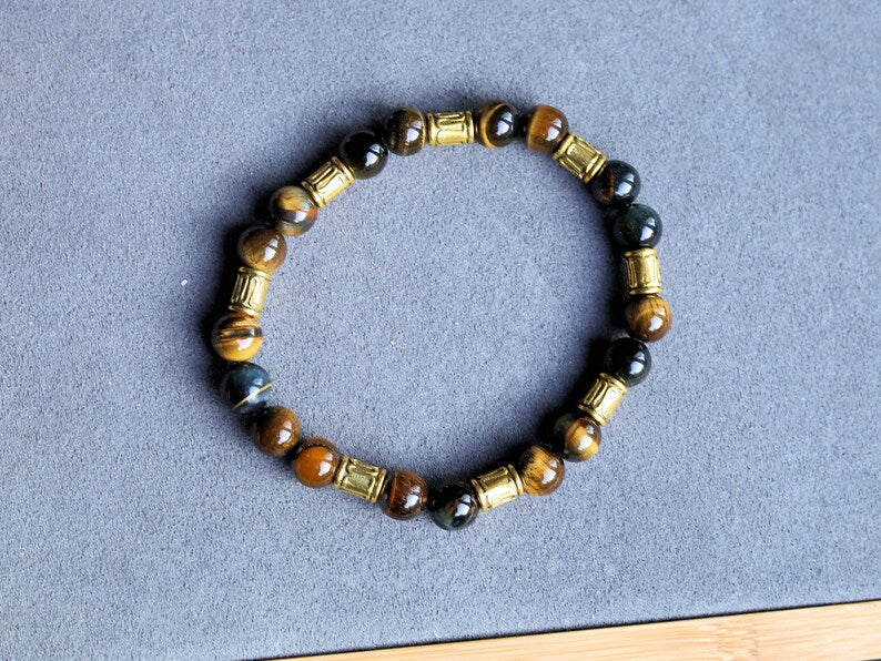 Mixed colored Tiger Eyes Beaded Bracelet . Multi Colors Mixed Natural Tiger eye Bracelets.  Antique Bronze Tone Spacer Beads Round Tubes