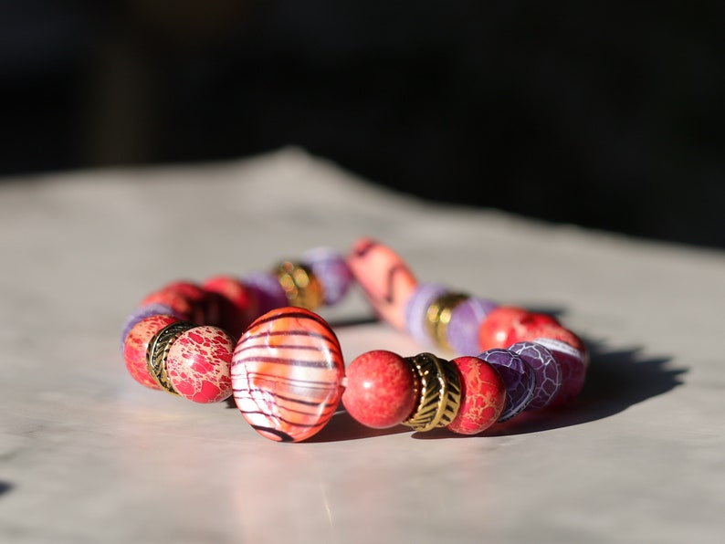 TRi mixed bracelets Purple and Red Agate Stone and Sea Sediment Jasper. With  Coin shaped Mother of Pearl Shell beads