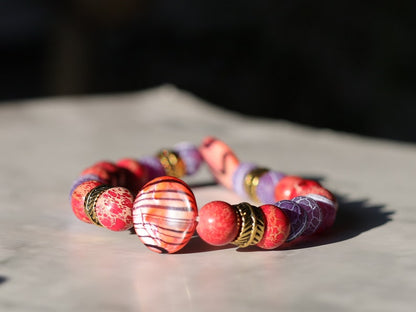 TRi mixed bracelets Purple and Red Agate Stone and Sea Sediment Jasper. With  Coin shaped Mother of Pearl Shell beads