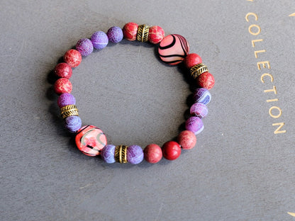 TRi mixed bracelets Purple and Red Agate Stone and Sea Sediment Jasper. With  Coin shaped Mother of Pearl Shell beads