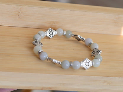 Myanmar Jade/Burmese Jade bracelet with  Spacer Cube Square Diamond Patterned Square Pearls. Artisan inspired, hand crafted and authentic.