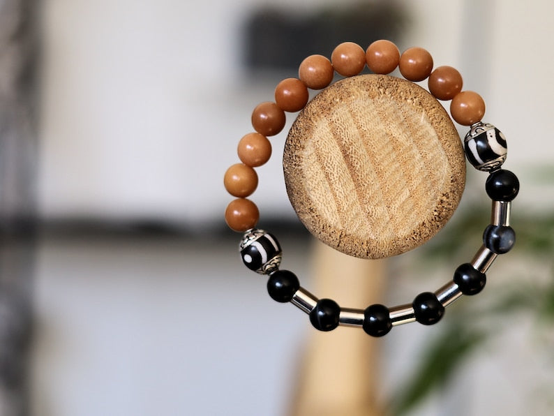Natural Stone Striped Black Lace Agate bracelet with metal bead tube beads and Tibetan Style dZi Beads. Wajakaa, one of a kind