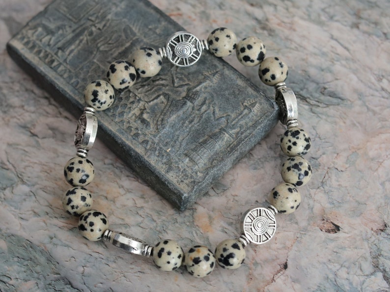 Dalmatian Jasper Bead bracelets with Antique Silver Tone Spacer Beads Round. Pattern resembling the coat of a Dalmatian dog.