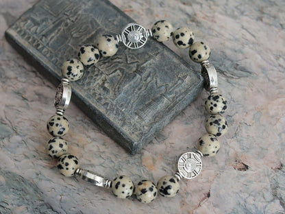 Dalmatian Jasper Bead bracelets with Antique Silver Tone Spacer Beads Round. Pattern resembling the coat of a Dalmatian dog.