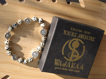 Dalmatian Jasper Bead bracelets with Antique Silver Tone Spacer Beads Round. Pattern resembling the coat of a Dalmatian dog.