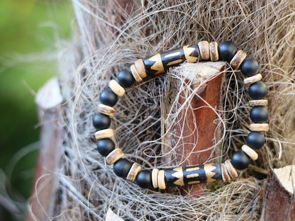 Lightweight Natural Stone Frosted Matte Black Agates bracelets with fantasy Cow bone and coconut discs.