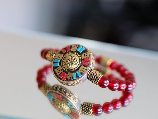 One of a kind Mexico red blood Amber beeswax beads Certified 8mm combined with Antique Nepal Handmade Six-Word Mantra Brass.