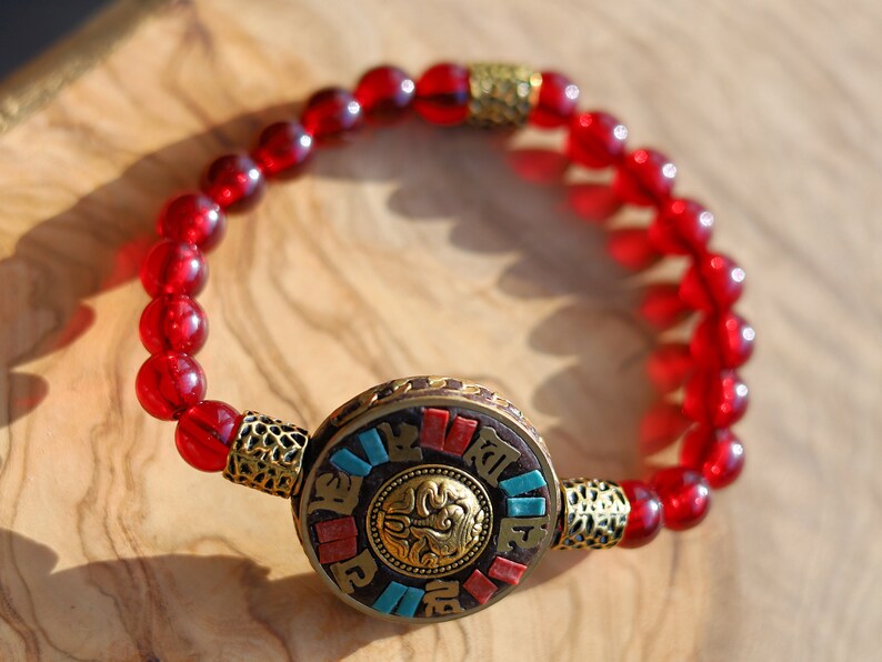 One of a kind Mexico red blood Amber beeswax beads Certified 8mm combined with Antique Nepal Handmade Six-Word Mantra Brass.