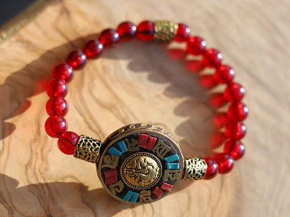 One of a kind Mexico red blood Amber beeswax beads Certified 8mm combined with Antique Nepal Handmade Six-Word Mantra Brass.