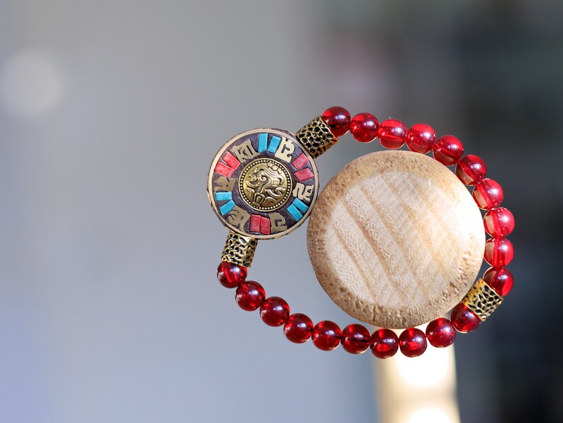One of a kind Mexico red blood Amber beeswax beads Certified 8mm combined with Antique Nepal Handmade Six-Word Mantra Brass.